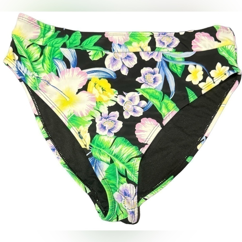 California Sunshine Floral Tropical Black Bikini Bottoms Womens Medium High Cut
